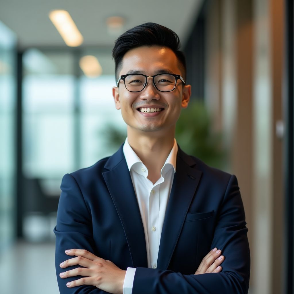 Malaysian business professional celebrating English proficiency success